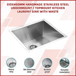 510x450mm Handmade Stainless Steel Undermount / Topmount Kitchen Laundry Sink with Waste - Furniture > Bathroom > Sinks
