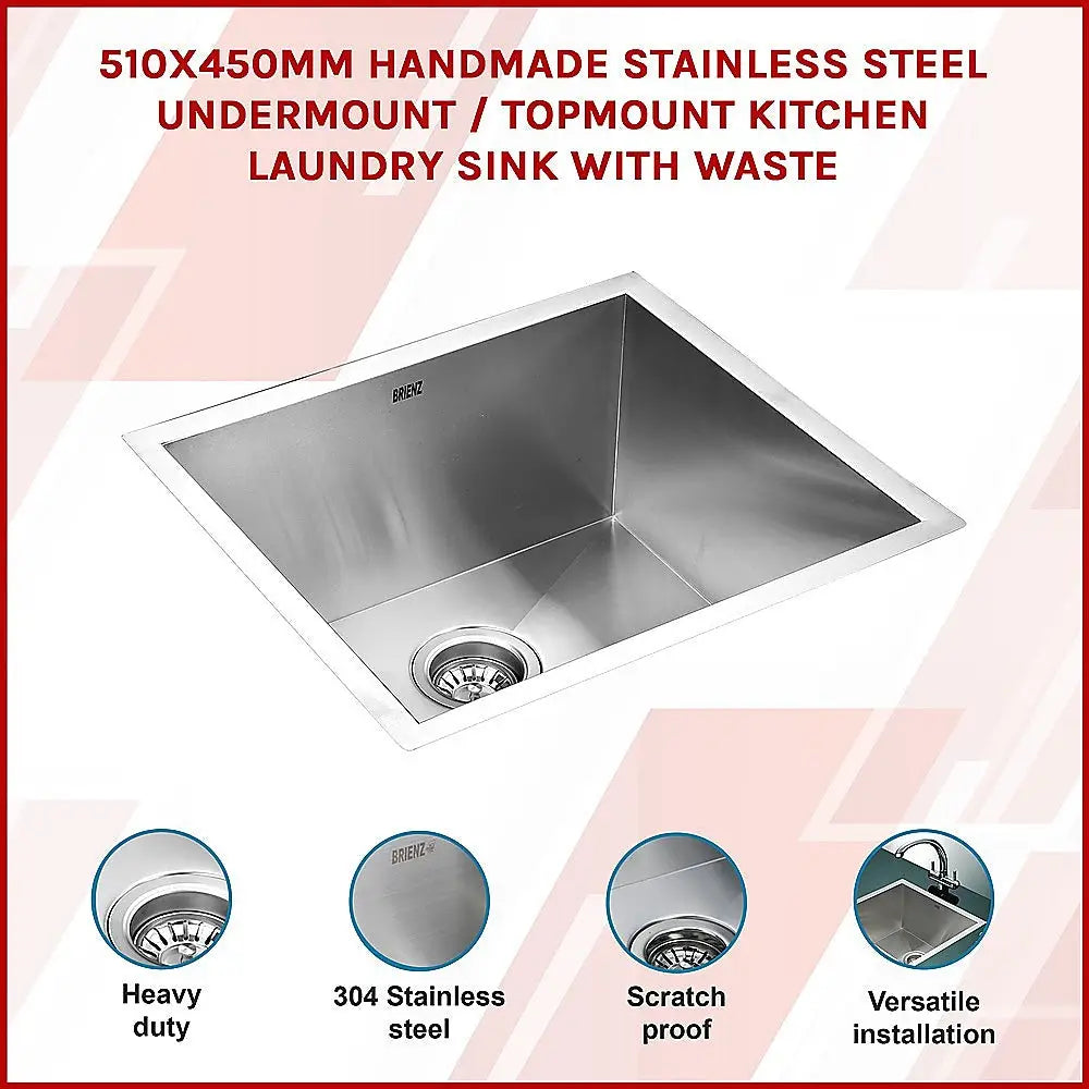 510x450mm Handmade Stainless Steel Undermount / Topmount Kitchen Laundry Sink with Waste - Furniture > Bathroom > Sinks