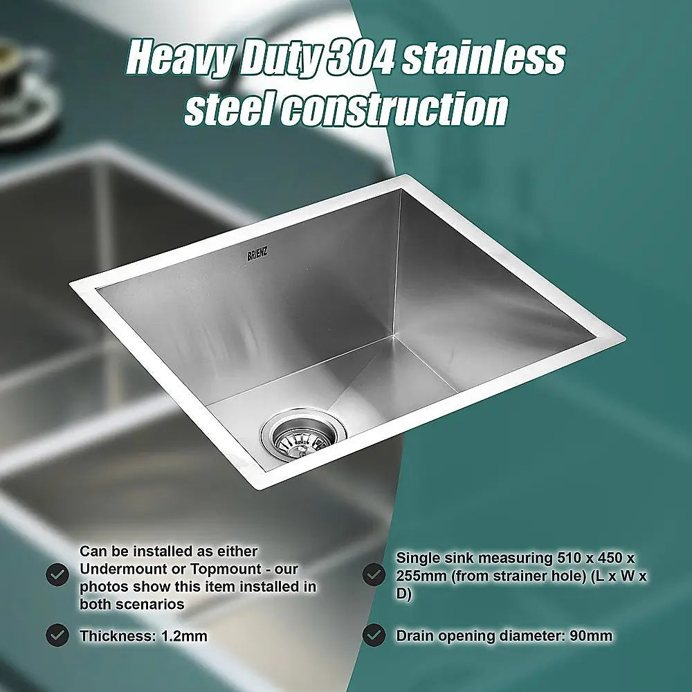 510x450mm Handmade Stainless Steel Undermount / Topmount Kitchen Laundry Sink with Waste - Furniture > Bathroom > Sinks