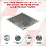 510x450mm Handmade Stainless Steel Undermount / Topmount Kitchen Laundry Sink with Waste - Furniture > Bathroom > Sinks