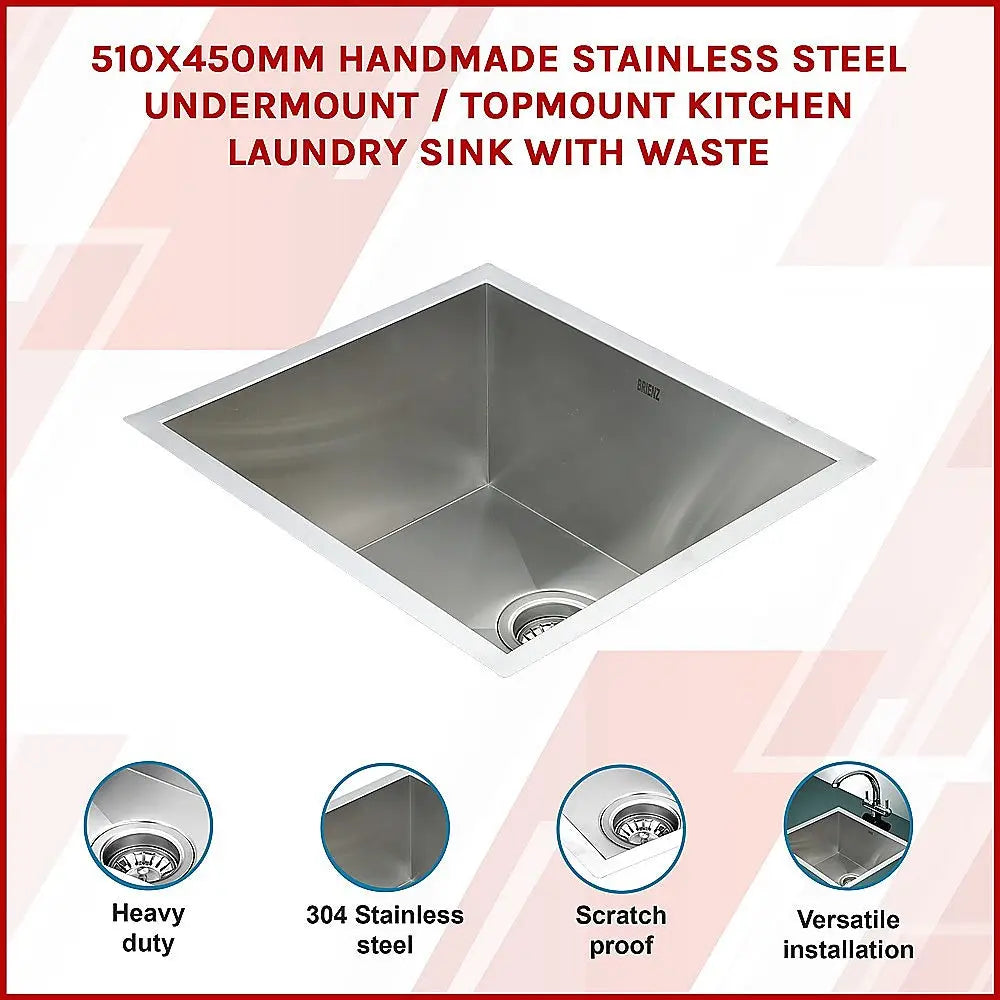 510x450mm Handmade Stainless Steel Undermount / Topmount Kitchen Laundry Sink with Waste - Furniture > Bathroom > Sinks