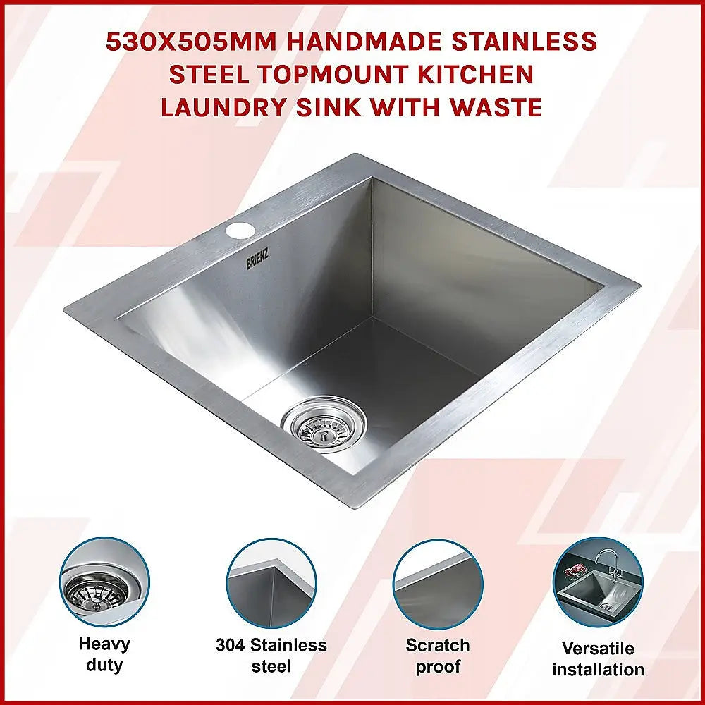 530x505mm Handmade Stainless Steel Topmount Kitchen Laundry Sink with Waste - Furniture > Bathroom > Sinks