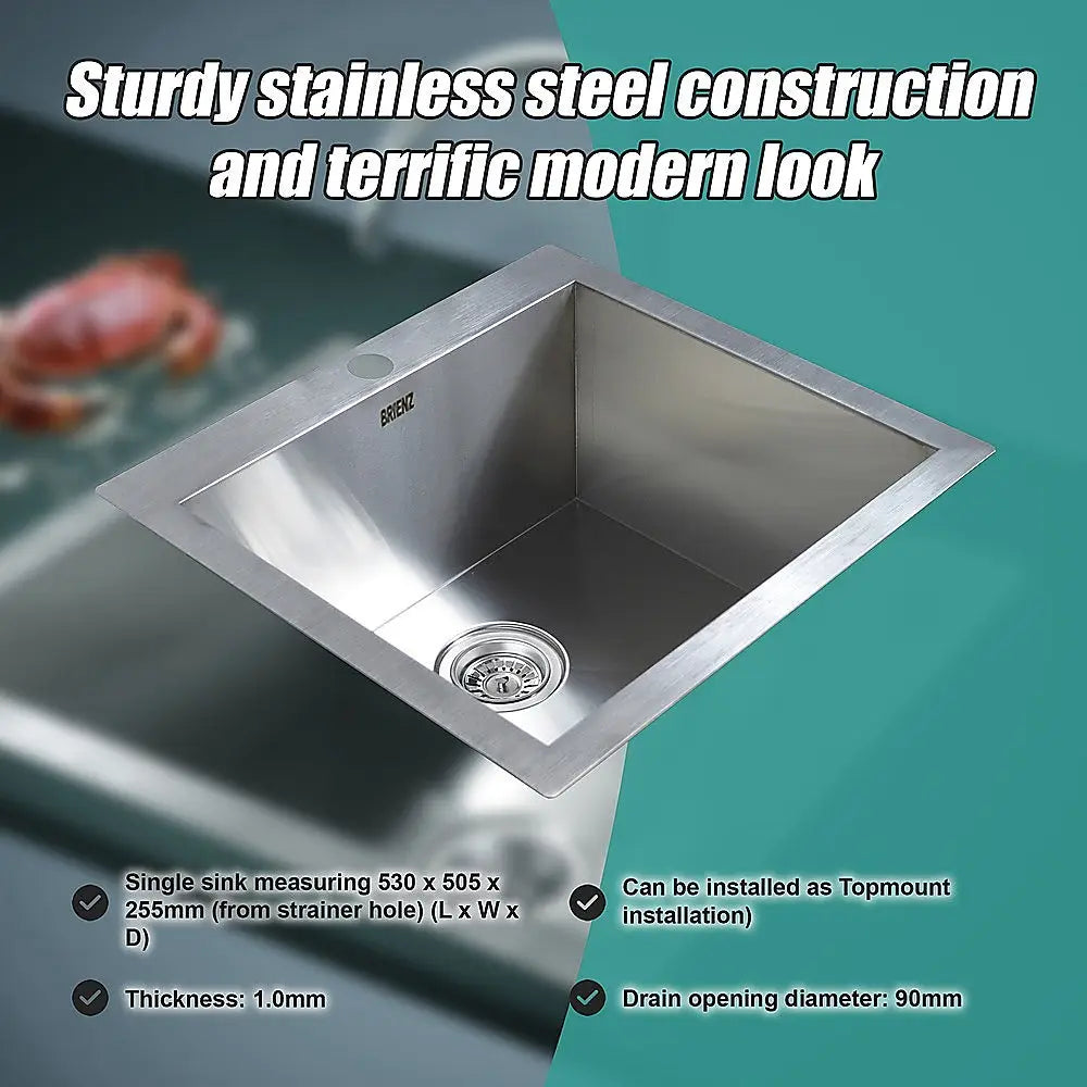 530x505mm Handmade Stainless Steel Topmount Kitchen Laundry Sink with Waste - Furniture > Bathroom > Sinks