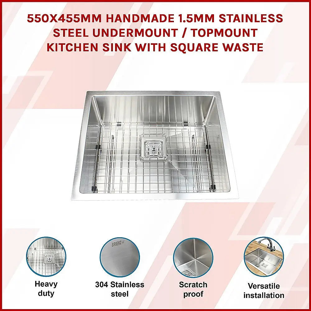 550x455mm Handmade 1.5mm Stainless Steel Undermount / Topmount Kitchen Sink with Square Waste - Furniture > Bathroom >