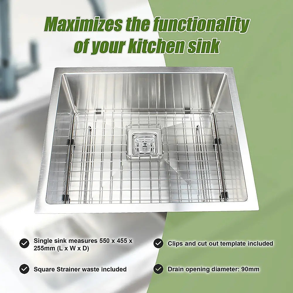 550x455mm Handmade 1.5mm Stainless Steel Undermount / Topmount Kitchen Sink with Square Waste - Furniture > Bathroom >