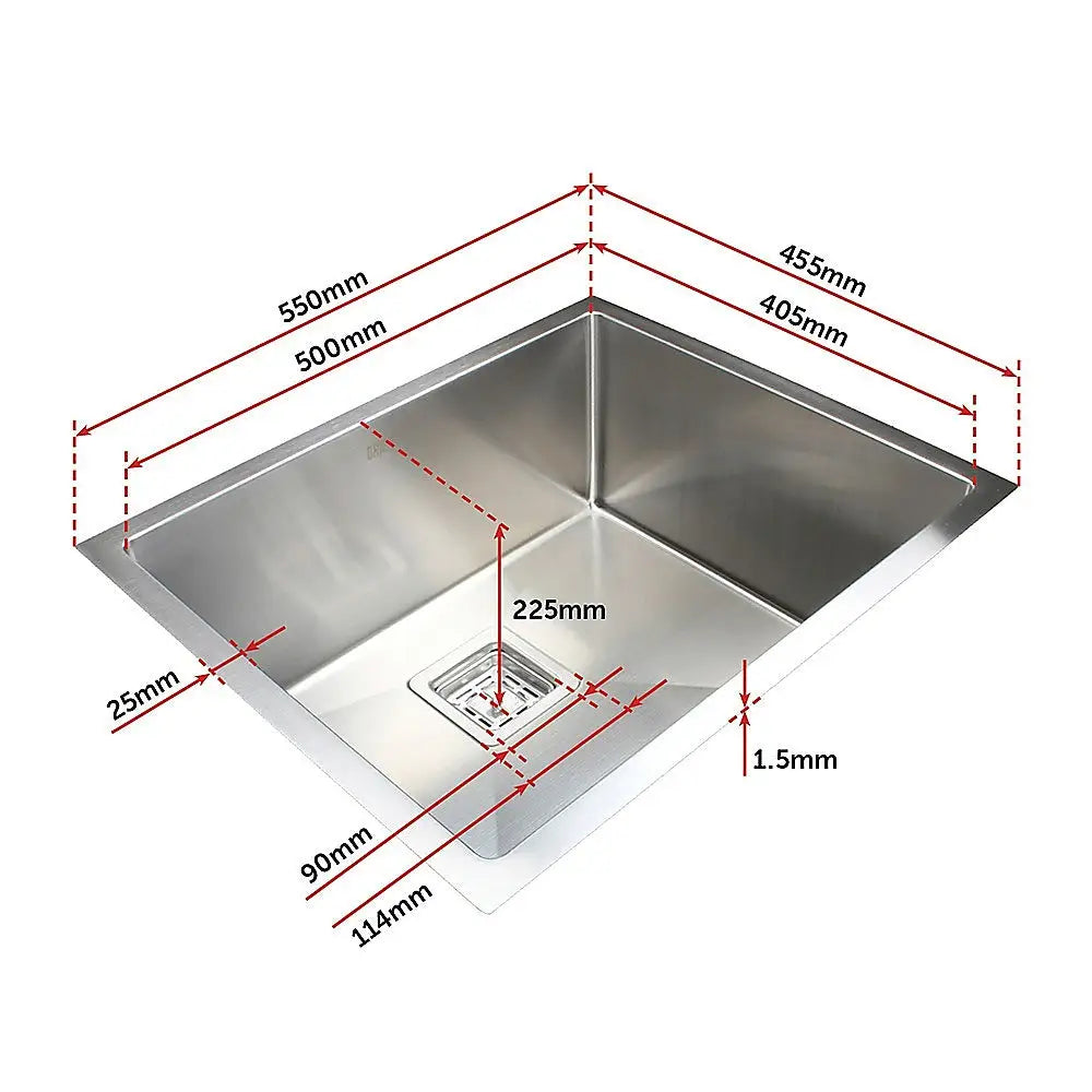 550x455mm Handmade 1.5mm Stainless Steel Undermount / Topmount Kitchen Sink with Square Waste - Furniture > Bathroom >