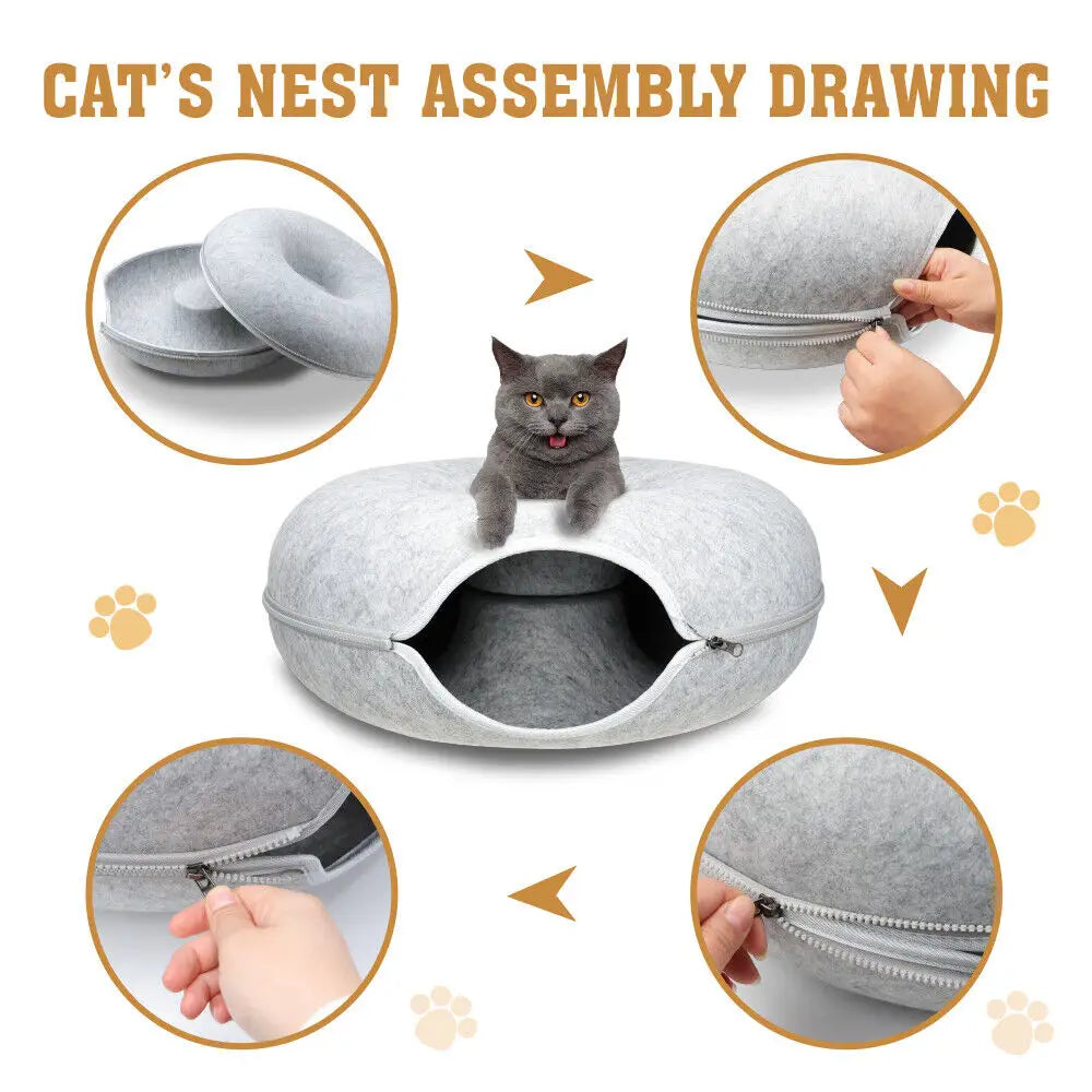 59 x 29cm Cat Tunnel Bed Dark Grey Felt Pet Puppy Nest Cave Toy Light Grey - Pet Care > Dog Supplies > Dog Beds