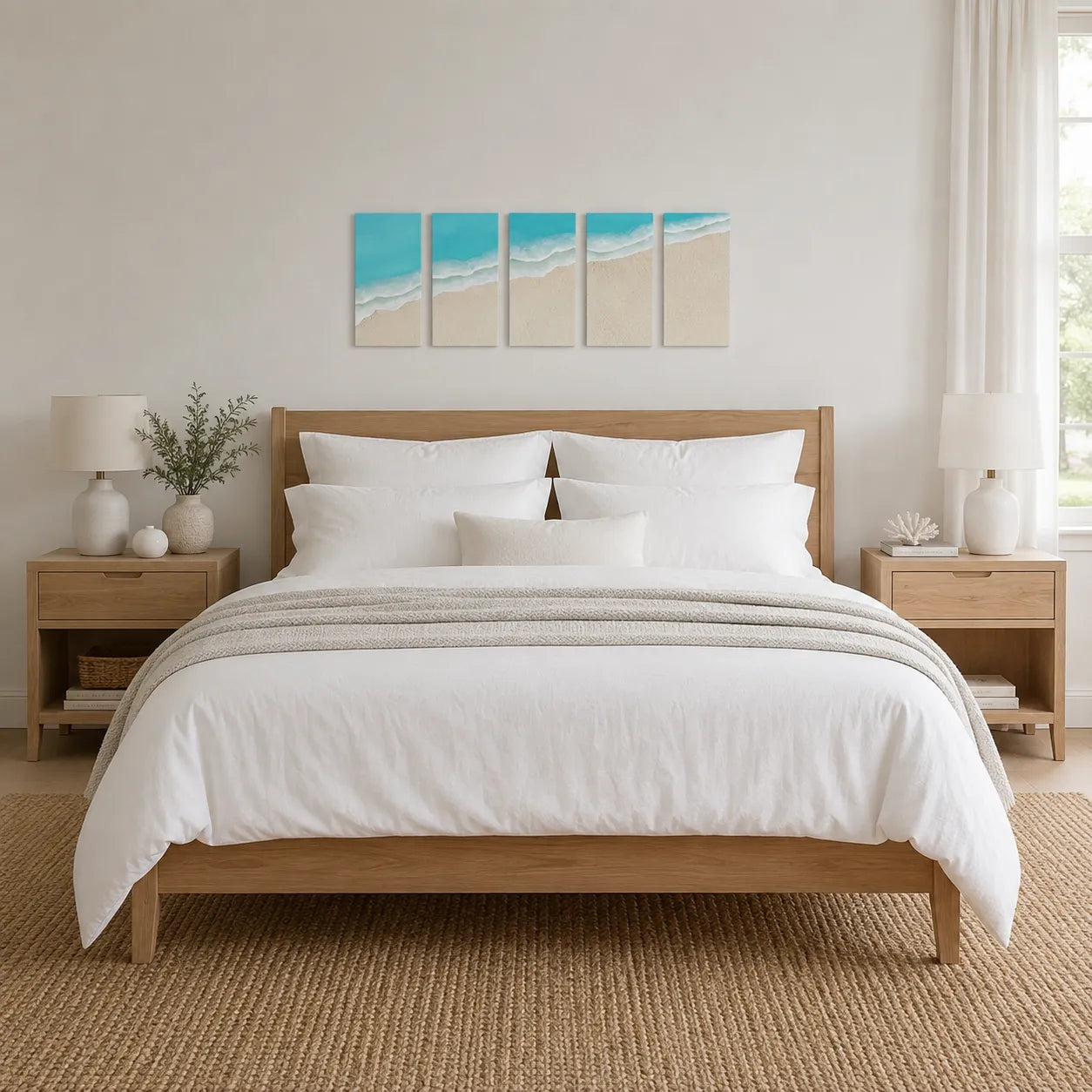 A neatly made bed with white bedding and a light wood frame, styled in a bright, modern bedroom. Above the bed hangs a four-panel beach-themed wall art set featuring turquoise ocean waves and beige sand.