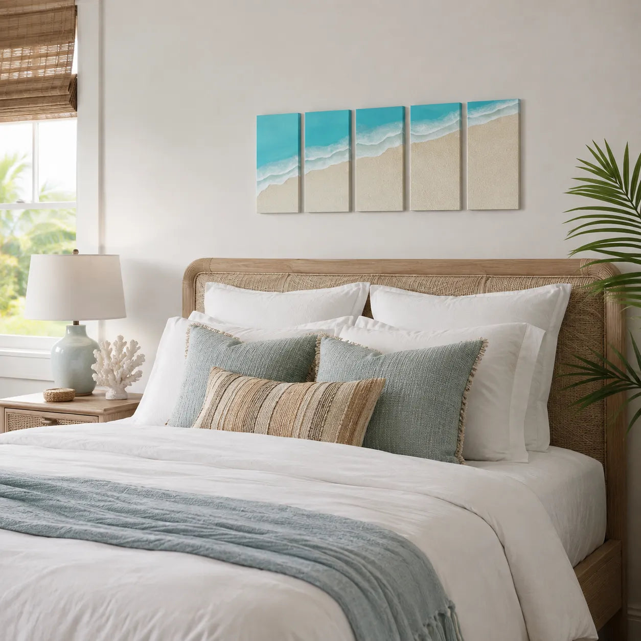 A styled bedroom scene with a bed dressed in white linens, blue-gray pillows, and a light blue throw blanket, beneath a four-panel beach canvas wall art set.