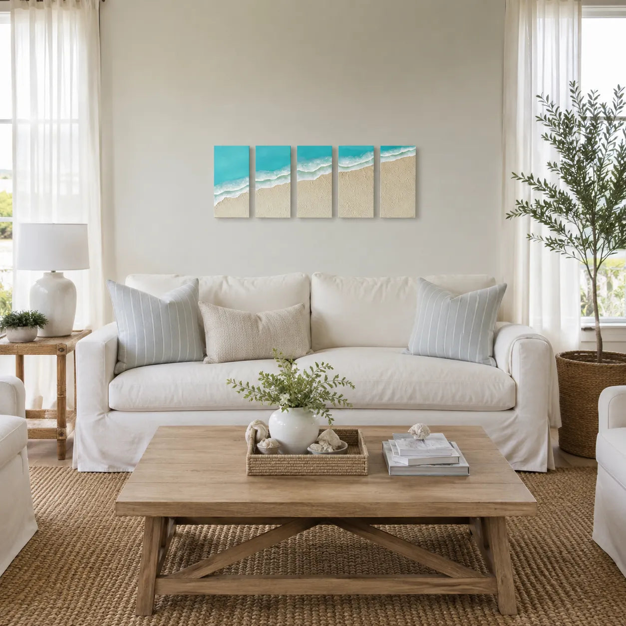 A 4-panel canvas wall art set depicting a turquoise ocean beach scene with beige sand, displayed above a white slipcovered sofa in a bright, modern living room.