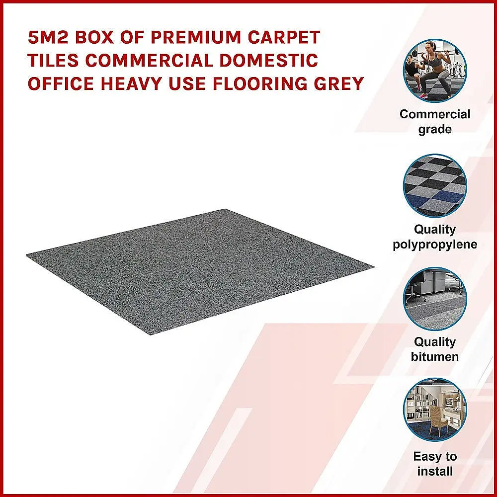 5m2 Box of Premium Carpet Tiles Commercial Domestic Office Heavy Use Flooring Grey - Furniture > Office