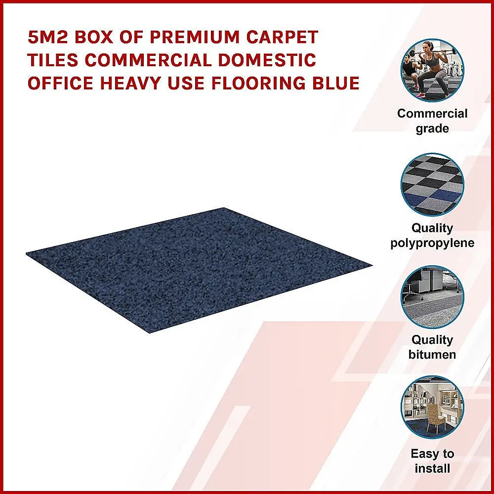 5m2 Box of Premium Carpet Tiles Commercial Domestic Office Heavy Use Flooring Blue - Furniture > Office