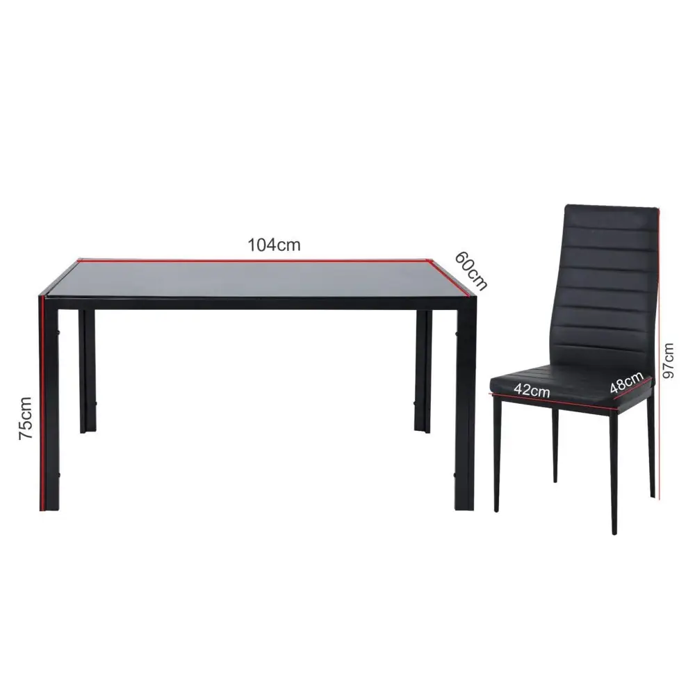 5PC Indoor Dining Table and Chairs Dinner Set Glass Leather Kitchen-Black - Furniture > Dining