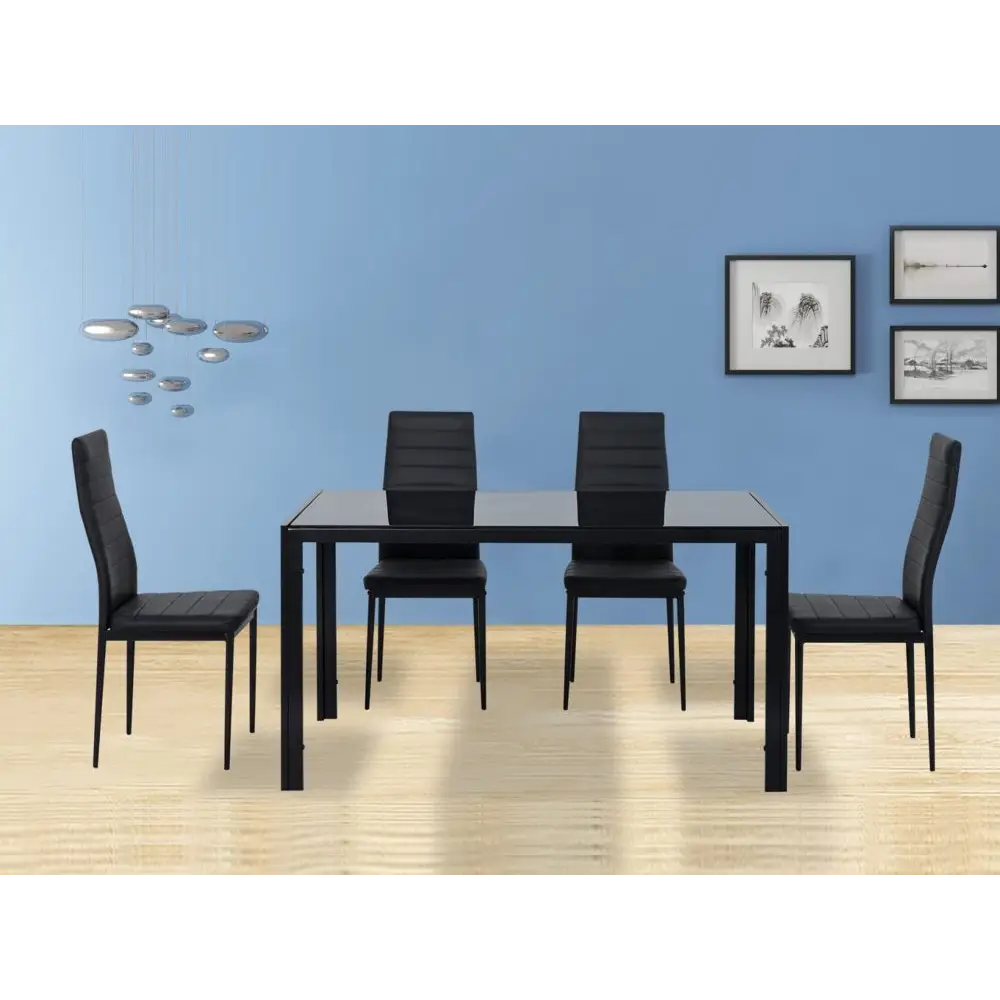 5PC Indoor Dining Table and Chairs Dinner Set Glass Leather Kitchen-Black - Furniture > Dining