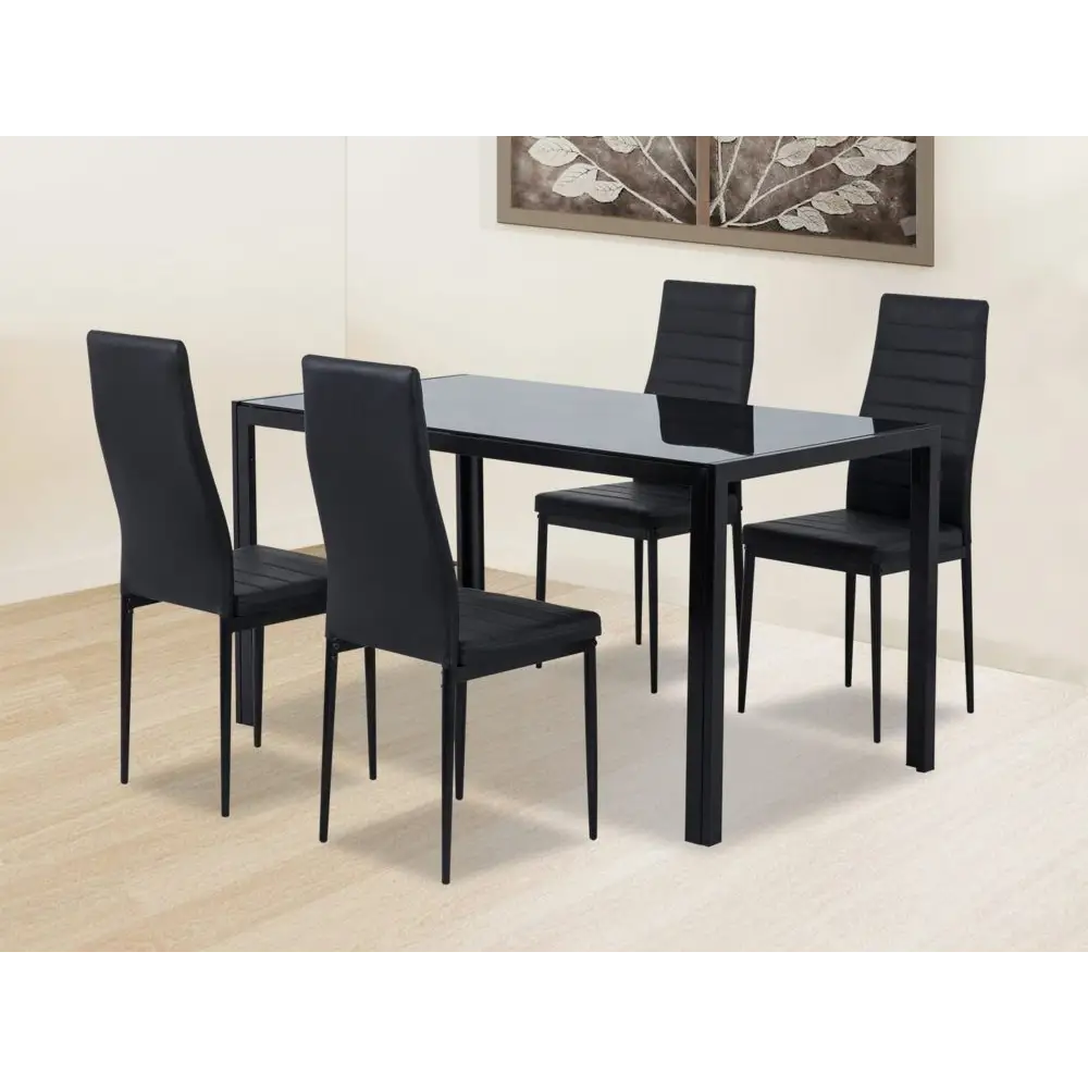 5PC Indoor Dining Table and Chairs Dinner Set Glass Leather Kitchen-Black - Furniture > Dining