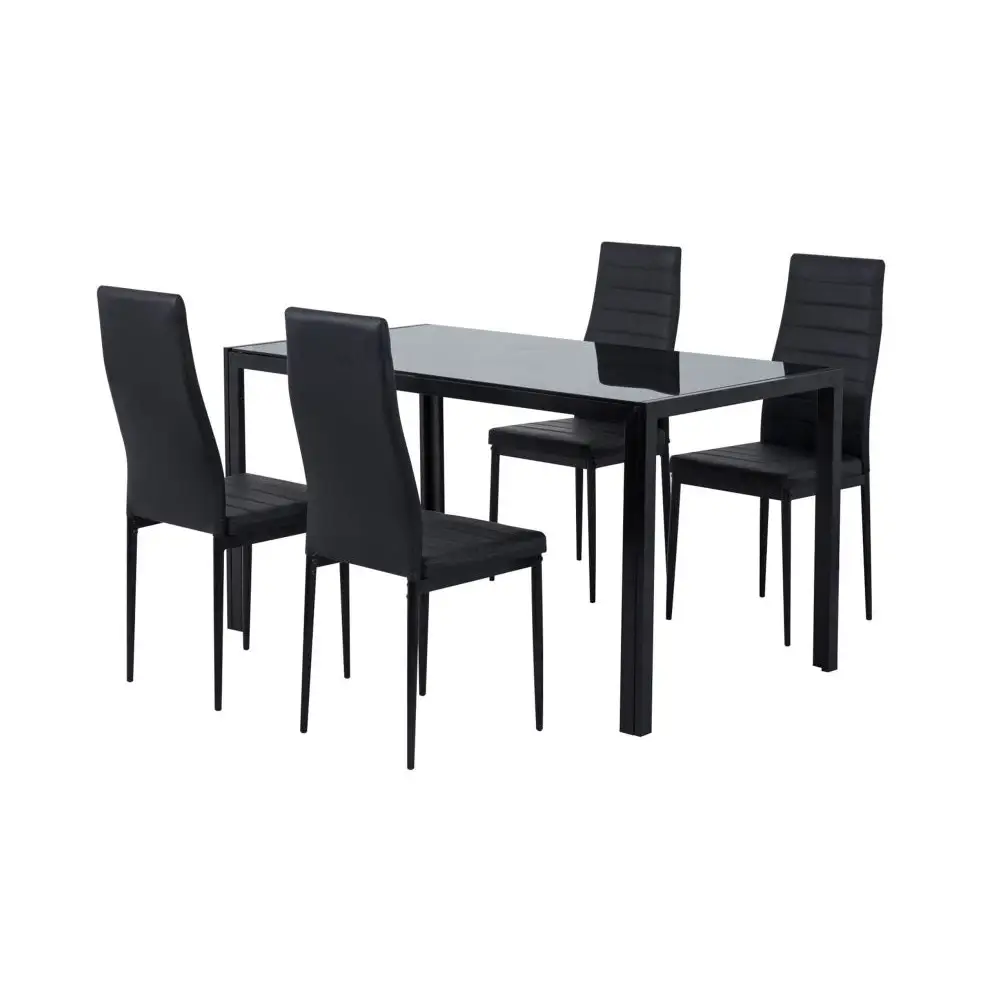 5PC Indoor Dining Table and Chairs Dinner Set Glass Leather Kitchen-Black - Furniture > Dining