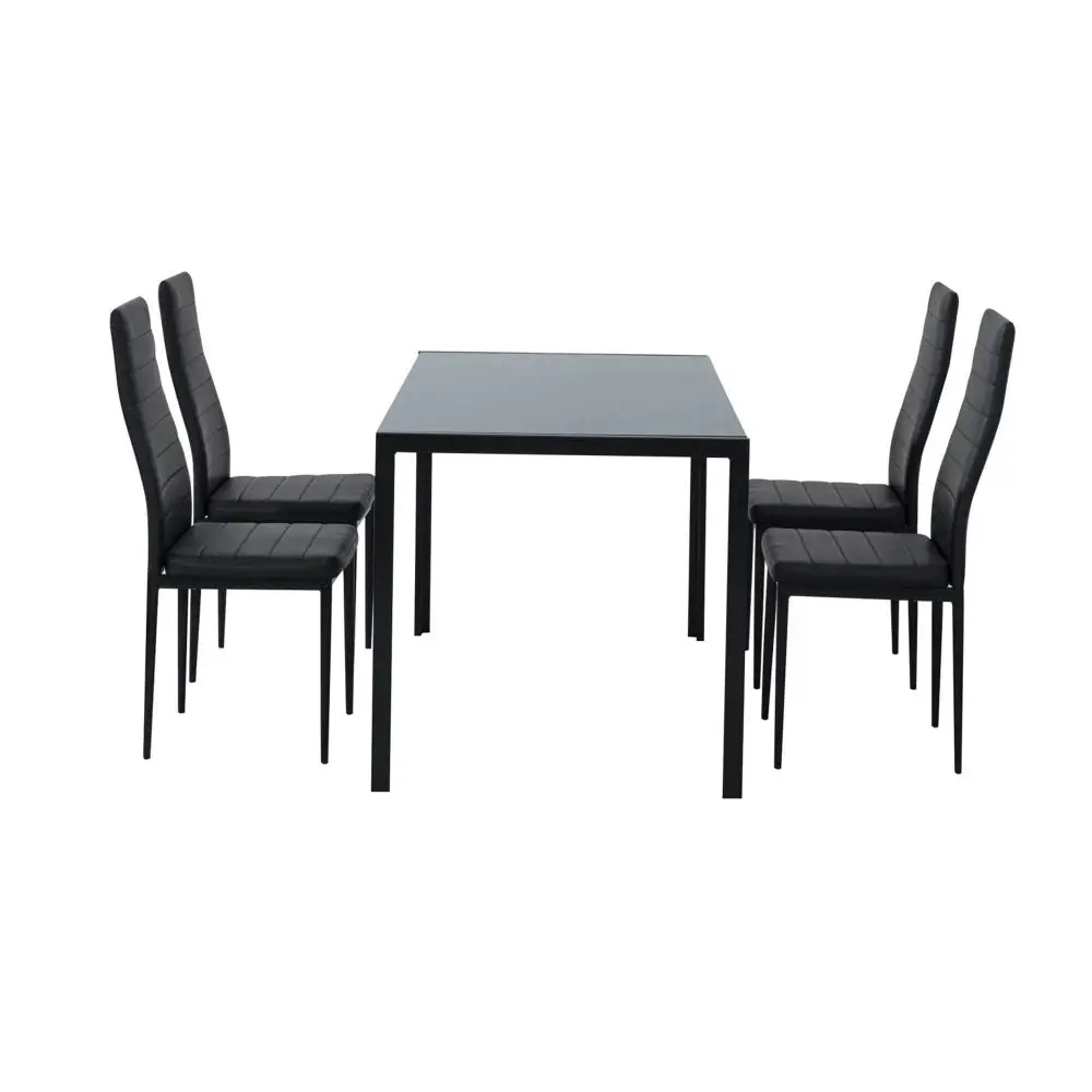 5PC Indoor Dining Table and Chairs Dinner Set Glass Leather Kitchen-Black - Furniture > Dining