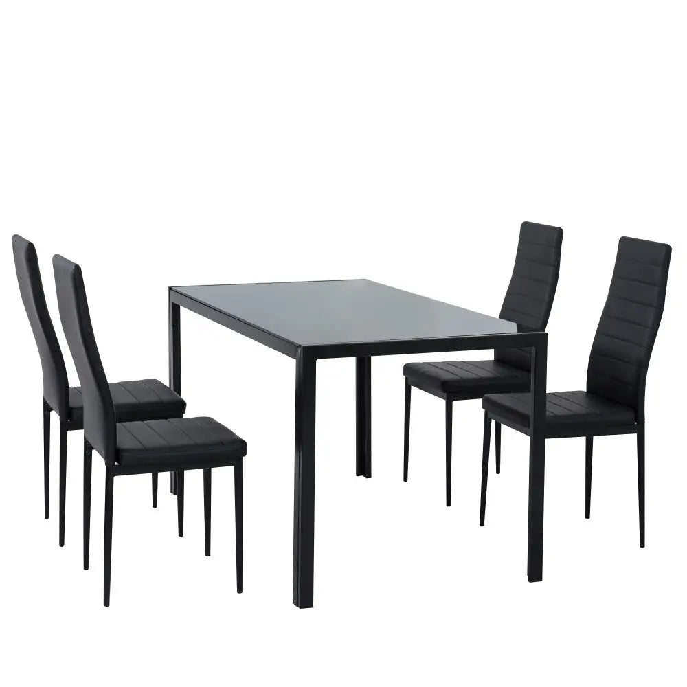 5PC Indoor Dining Table and Chairs Dinner Set Glass Leather Kitchen-Black - Furniture > Dining