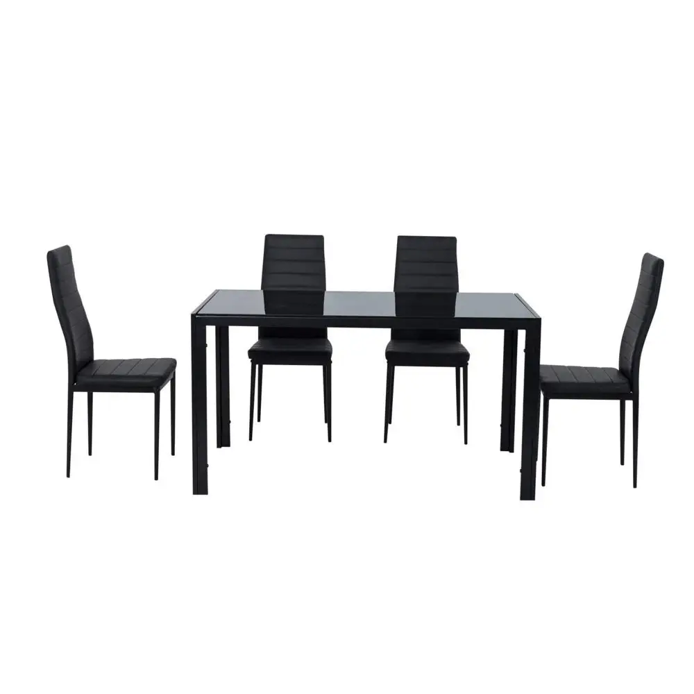 5PC Indoor Dining Table and Chairs Dinner Set Glass Leather Kitchen-Black - Furniture > Dining