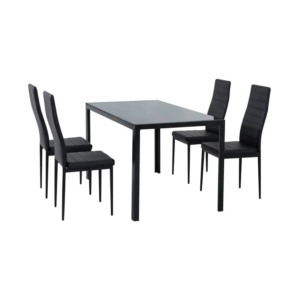 5PC Indoor Dining Table and Chairs Dinner Set Glass Leather Kitchen-Black - Furniture > Dining