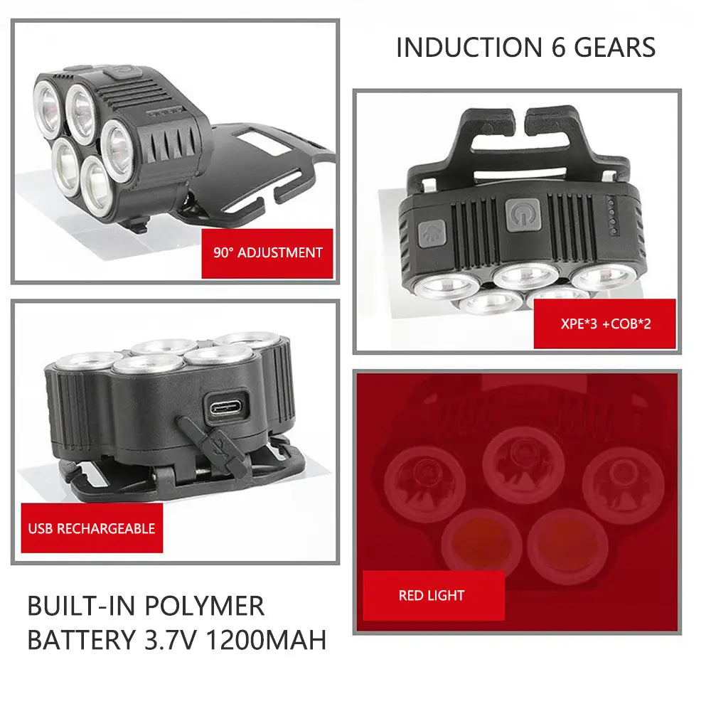 6 Modes LED Head Torch Induction Headlight Camping COB Infrared Strong Lights - Home & Garden > Lighting