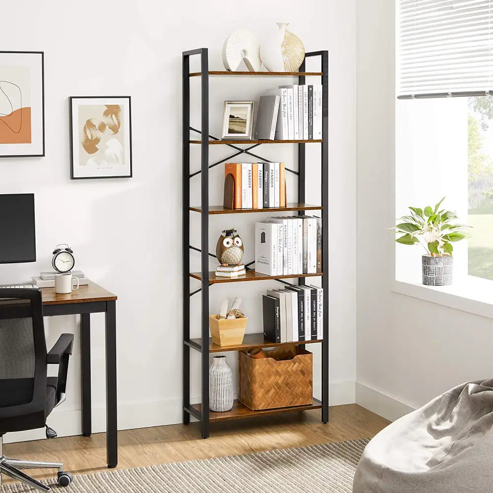 6-Tier Storage Rack with Industrial Style Steel Frame Rustic Brown and Black 186 cm High - Furniture > Living Room