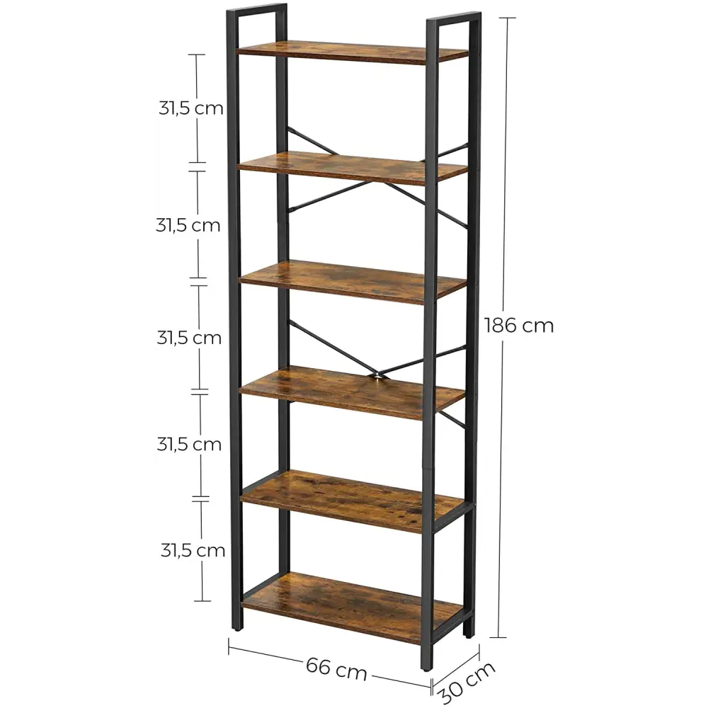 6-Tier Storage Rack with Industrial Style Steel Frame Rustic Brown and Black 186 cm High - Furniture > Living Room