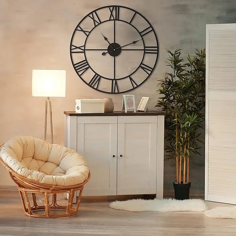 60cm Industrial Large Wall Clock Round Metal Wall Clocks Roman Numerals Style - Home & Garden > Decor