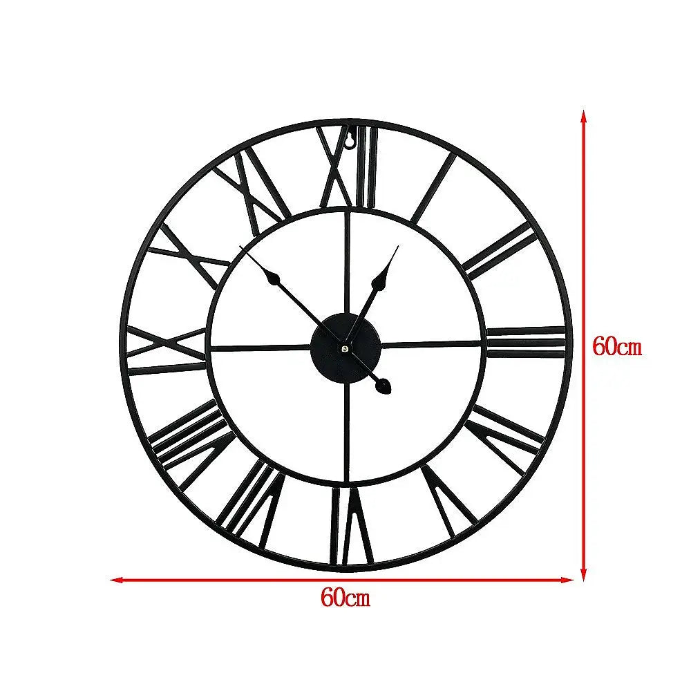 60cm Industrial Large Wall Clock Round Metal Wall Clocks Roman Numerals Style - Home & Garden > Decor