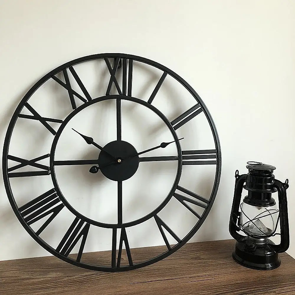 60cm Industrial Large Wall Clock Round Metal Wall Clocks Roman Numerals Style - Home & Garden > Decor