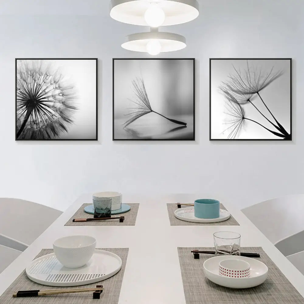 60cmx60cm Botanical dandelions 3 Sets Black Frame Canvas Wall Art - Home & Garden > Wall Art