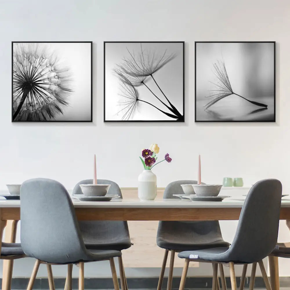 60cmx60cm Botanical dandelions 3 Sets Black Frame Canvas Wall Art - Home & Garden > Wall Art