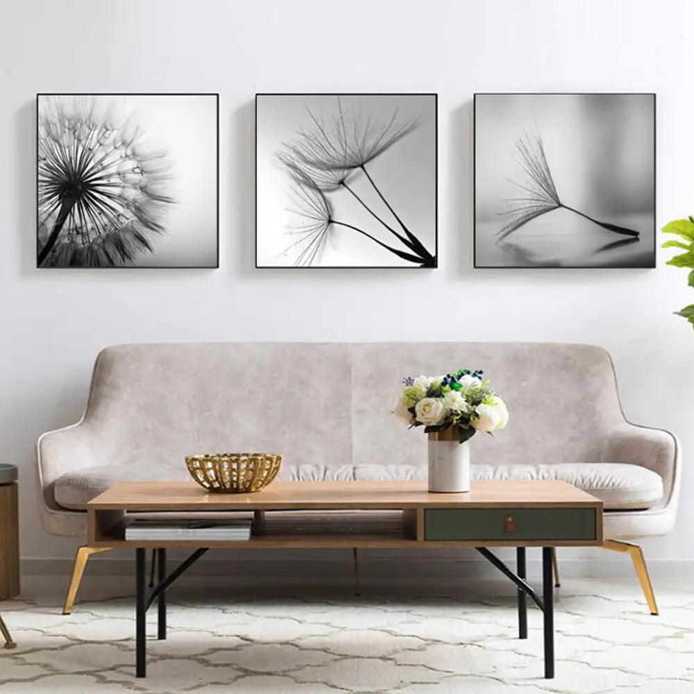 60cmx60cm Botanical dandelions 3 Sets Black Frame Canvas Wall Art - Home & Garden > Wall Art