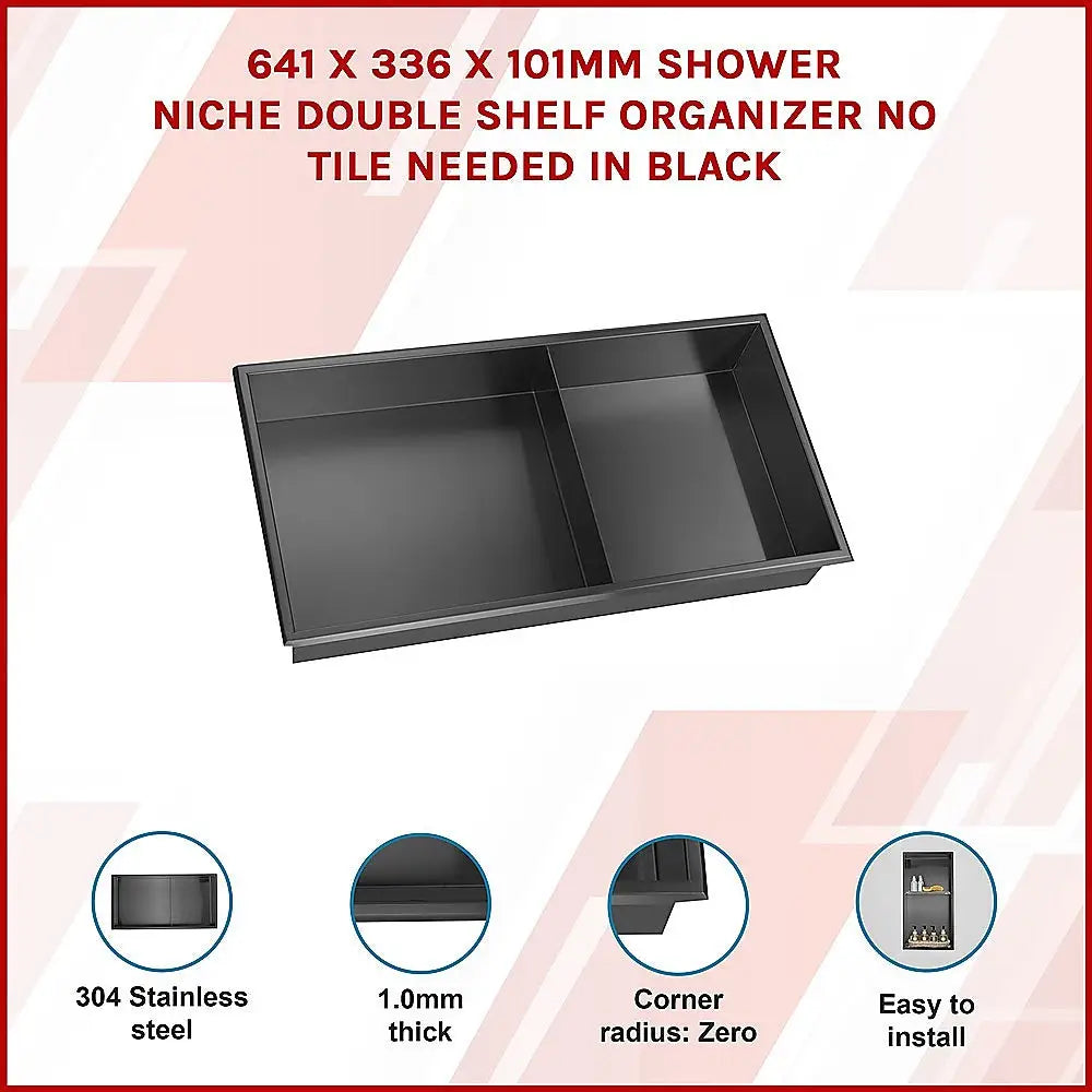 641 x 336 x 101mm Shower Niche Double Shelf Organizer No Tile Needed in Black - Home & Garden > DIY > Kitchen &