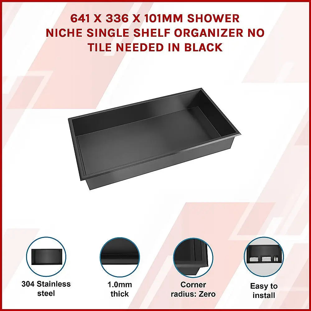 641 x 336 x 101mm Shower Niche Single Shelf Organizer No Tile Needed in Black - Home & Garden > DIY > Kitchen &