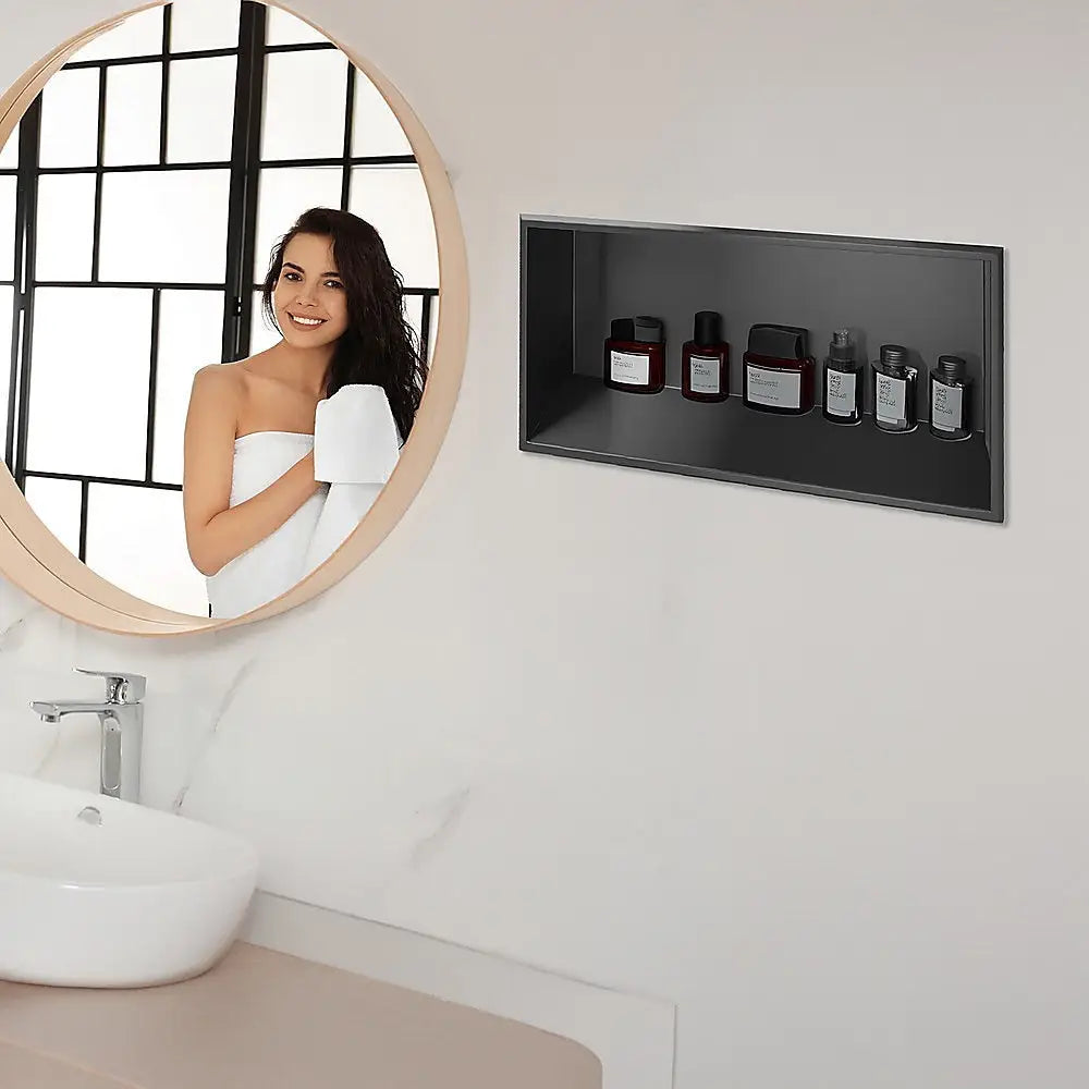 641 x 336 x 101mm Shower Niche Single Shelf Organizer No Tile Needed in Black - Home & Garden > DIY > Kitchen &