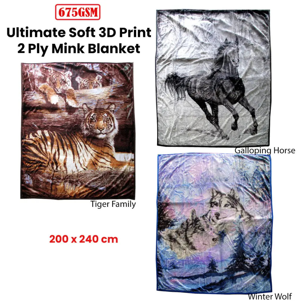 675gsm 2 Ply 3D Print Faux Mink Blanket Queen 200x240 cm Tiger Family - Home & Garden > Bedding