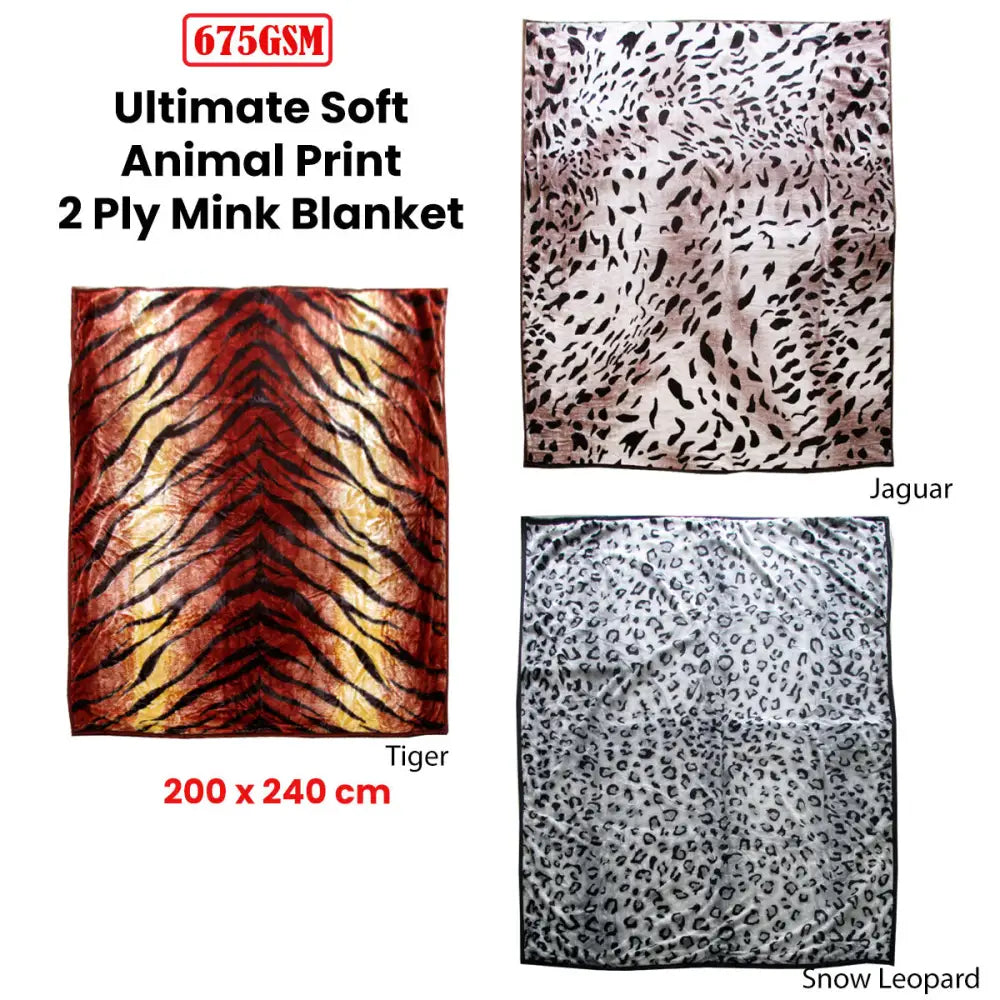 675gsm 2 Ply Animal Print Faux Mink Blanket Queen 200x240 cm Snow Leopard - Home & Garden > Bedding