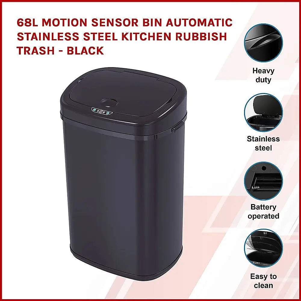 68L Motion Sensor Bin Automatic Stainless Steel Kitchen Rubbish Trash - Black - Home & Garden > Kitchenware