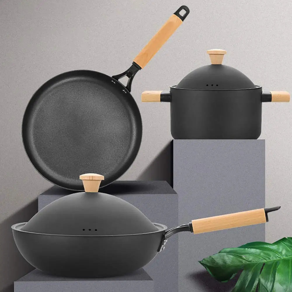 6Pcs Cookware Set Non-Stick Soup Pot Wok Fry Pan Lid Kitchen Kitchen Restaurant Cookware - Home & Garden > Kitchenware