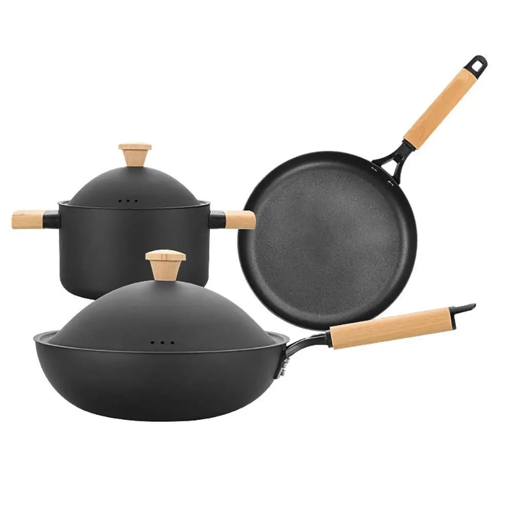 6Pcs Cookware Set Non-Stick Soup Pot Wok Fry Pan Lid Kitchen Kitchen Restaurant Cookware - Home & Garden > Kitchenware