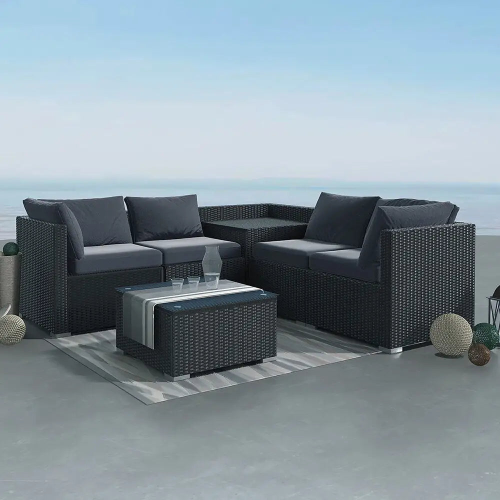 6PCS Outdoor Modular Lounge Sofa Coogee-Black - Furniture > Outdoor