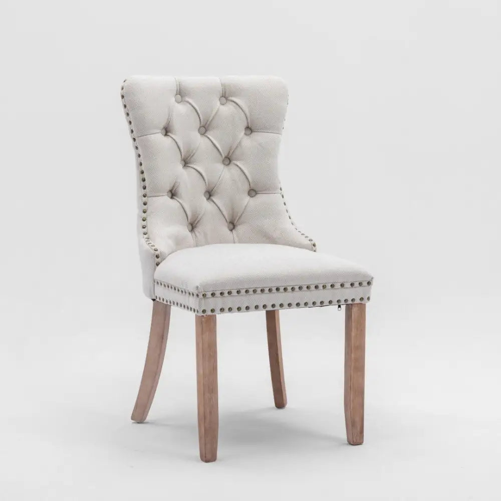 6x AADEN Modern Elegant Button-Tufted Upholstered Fabric with Studs Trim and Wooden legs Dining Side Chair-Beige