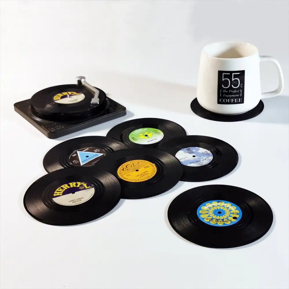 6x Creative Vinyl Record Cup Coasters w Holder Glass Drink Tableware Home Décor B w/ Record Player Holder - Home &
