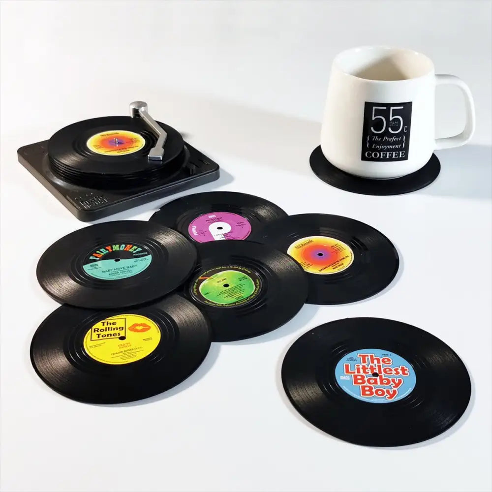 6x Creative Vinyl Record Cup Coasters w Holder Glass Drink Tableware Home Décor A w/ Record Player Holder - Home &