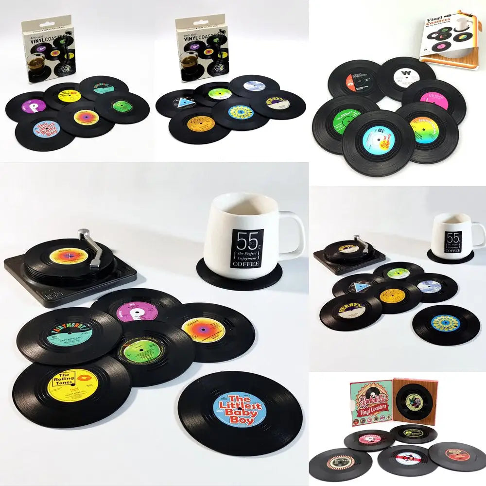 6x Creative Vinyl Record Cup Coasters w Holder Glass Drink Tableware Home Décor A w/ Record Player Holder - Home &