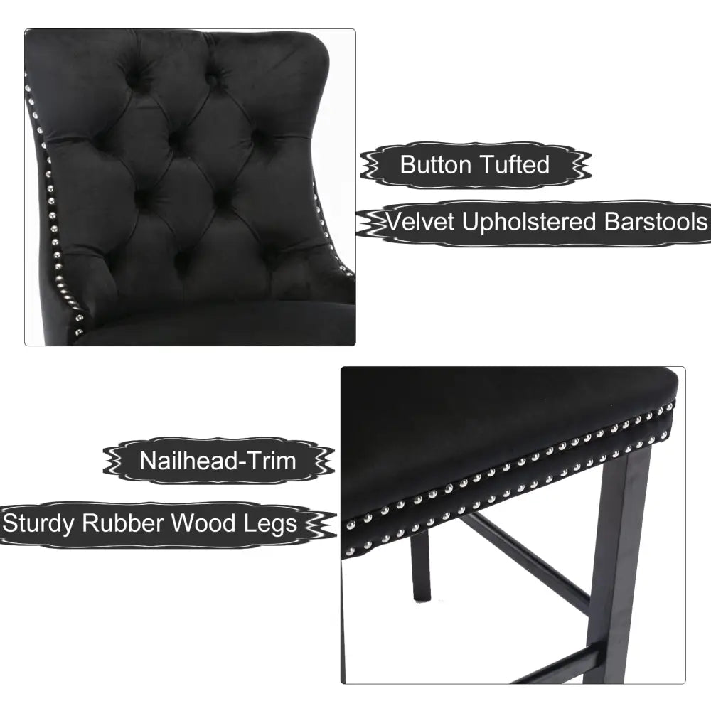 6X Velvet Bar Stools with Studs Trim Wooden Legs Tufted Dining Chairs Kitchen - Furniture > Bar Stools & Chairs