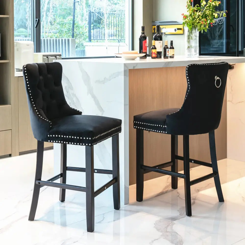 6X Velvet Bar Stools with Studs Trim Wooden Legs Tufted Dining Chairs Kitchen - Furniture > Bar Stools & Chairs