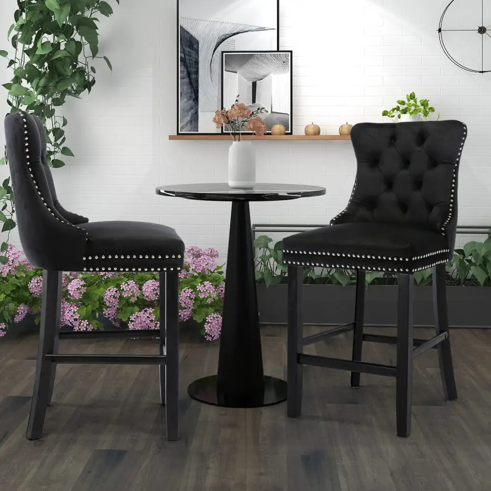 6X Velvet Bar Stools with Studs Trim Wooden Legs Tufted Dining Chairs Kitchen - Furniture > Bar Stools & Chairs