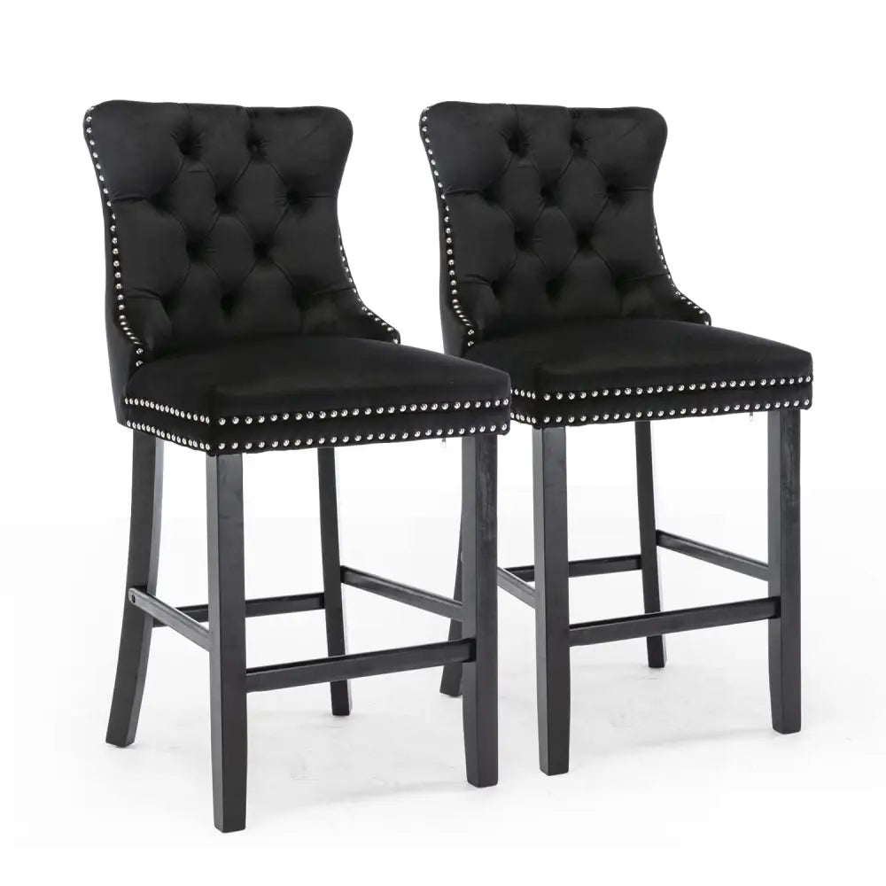 6X Velvet Bar Stools with Studs Trim Wooden Legs Tufted Dining Chairs Kitchen - Furniture > Bar Stools & Chairs